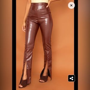 Pretty little thing Dark Chocolate Faux Leather Split Hem Pants